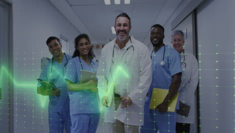 Animation-of-heart-rate-monitor-over-team-of-diverse-doctors-and-health-workers-smiling-at-hospital