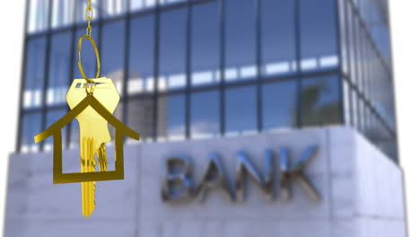 Animation-of-key-in-house-keychain-over-bank-text-on-modern-building