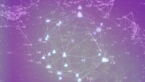 Animation-of-network-of-connections,-spinning-globe-of-digital-icons-on-purple-gradient-background