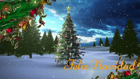 Animation-of-decorated-tree-branches-over-feliz-navidad-text-and-christmas-tree-on-winter-landscape