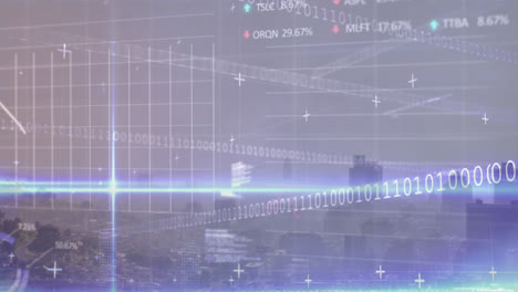 Animation-of-stock-market-data-processing-and-blue-light-trails-against-aerial-view-of-cityscape
