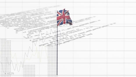 Animation-of-statistical-data-processing-over-waving-uk-flag-against-white-background
