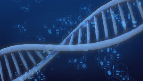 Animation-of-medical-icons-with-dna-strand-on-blue-background