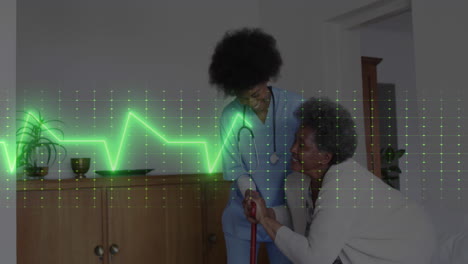 Animation-of-heart-rate-monitor-over-diverse-female-healthworker-helping-senior-woman-to-walk