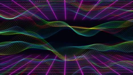 Animation-Digitaler-Wellen-über-Einem-Violetten-Gitternetz-Vor-Schwarzem-Hintergrund-Mit-Kopierraum