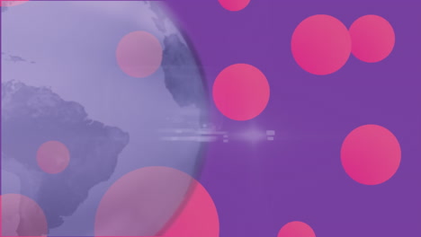 Animation-Von-Rosa-Flecken-über-Einem-Sich-Drehenden-Globus-Vor-Violettem-Hintergrund-Mit-Kopierraum