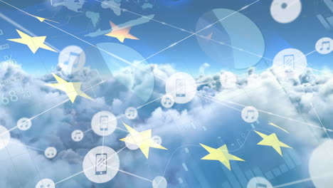 Animation-Eines-Netzwerks-Digitaler-Symbole,-Statistischer-Datenverarbeitung-Und-Wehender-EU-Flagge-Vor-Wolken