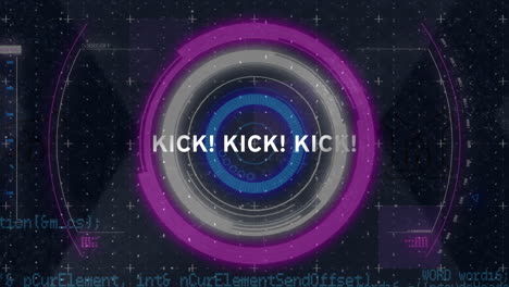 Animation-of-kick-text-banner-over-neon-round-scanner-and-data-processing-on-black-background