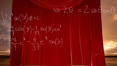 Animation-of-mathematical-equations-over-red-curtain-and-sky-with-clouds