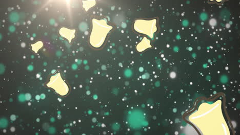 Animation-Von-Weihnachtsglockensymbolen,-Die-Gegen-Lichtpunkte-Auf-Blauem-Hintergrund-Mit-Kopierraum-Fallen