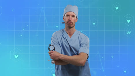 Animation-Medizinischer-Symbole-Mit-Kaukasischem-Männlichen-Arzt-Auf-Blauem-Hintergrund