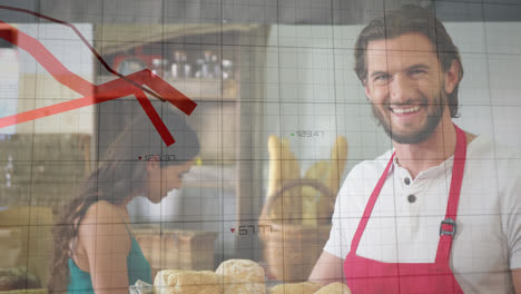 Animation-of-financial-graphs-over-happy-caucasian-male-seller-in-bakery
