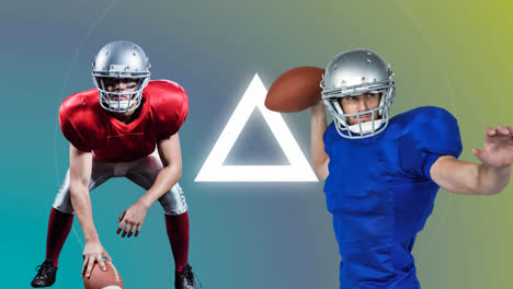 American-Football-Spieler-Hält-Ball-über-Amerikanisches-Modell-Vor-Zusammengesetztem-Hintergrund