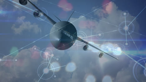 Animation-Eines-Verbindungsnetzwerks-Mit-Symbolen-über-Wolken-Und-Einem-Flugzeug