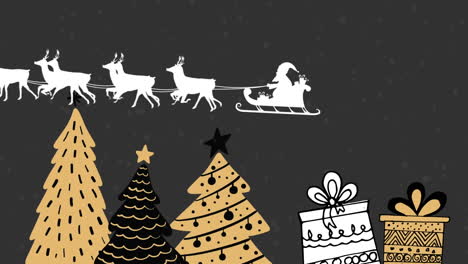 Animation-Des-Weihnachtsmanns-Im-Schlitten,-Der-Von-Rentieren-über-Weihnachtsbaum--Und-Geschenksymbole-Gezogen-Wird