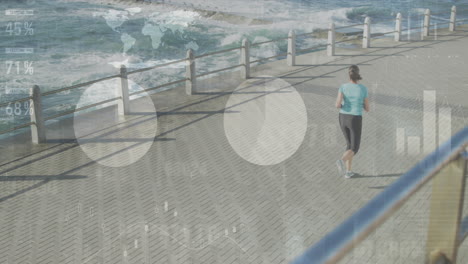 Animation-of-statistical-data-processing-against-aerial-view-of-fit-woman-running-on-the-promenade