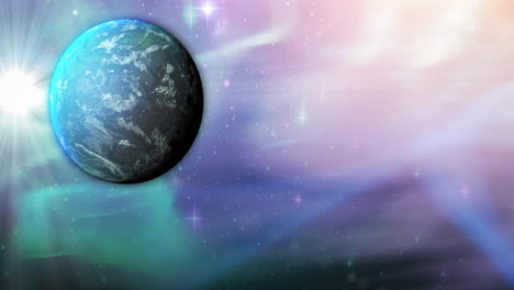 Animation-of-blue-planet-in-smoky-green,-violet-and-pink-space