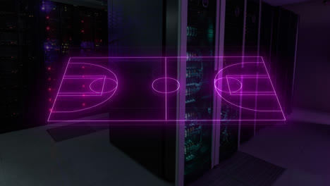 Animation-of-basketball-court-drawing-over-illuminated-server-room-in-background