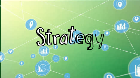 Animation-Eines-Verbindungsnetzwerks-Mit-Symbolen-über-Strategietext-Auf-Grünem-Hintergrund