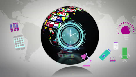 Animation-of-neon-ticking-clock-and-digital-icons-over-globe-and-world-map-against-grey-background