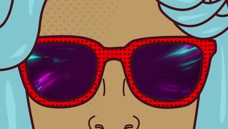 Animation-Einer-Frau-Mit-Sonnenbrillensymbol-Vor-Digitalen-Wellen-Auf-Violettem-Hintergrund