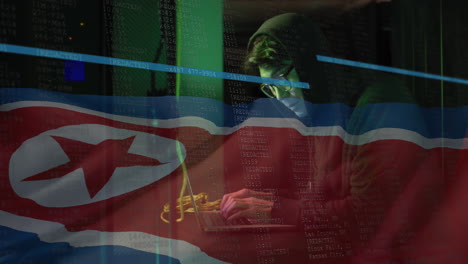 Animation-of-binary-coding-with-hacker-over-flag-of-north-korea