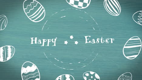 Animation-of-happy-easter-text-banner-and-easter-egg-icons-against-blue-wooden-textured-background