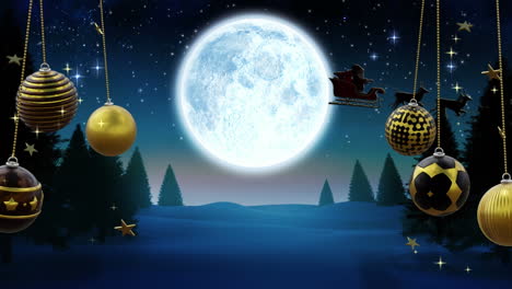 Swinging-black-and-gold-christmas-baubles-over-winter-landscape-and-santa's-sleigh