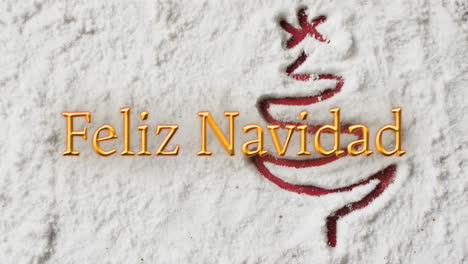 Animation-Des-Textes-„Feliz-Navidad“-über-Einem-Weihnachtsbaum,-Der-Im-Schneehintergrund-Gezeichnet-Ist