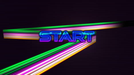 Animation-of-start-text-banner-over-colorful-light-trails-against-grey-striped-background
