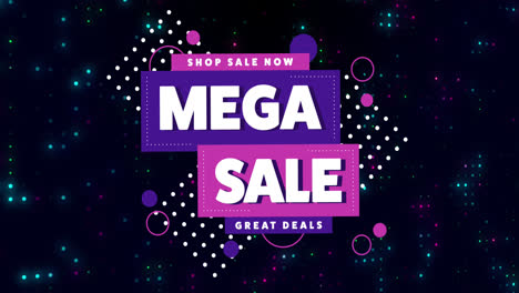 Animation-of-mega-sales-over-black-background-with-pink,-blue-and-green-lights