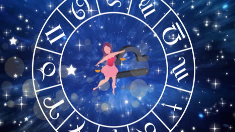 Animation-of-virgo-star-sign-in-zodiac-wheel-on-starry-night-sky