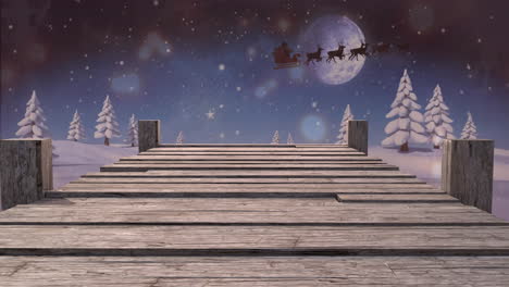 Animation-of-santa-claus-in-sleigh-pulled-by-reindeers-over-wooden-pier-and-winter-landscape