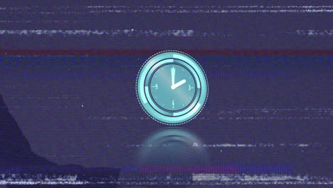 Animation-Des-Glitch-Effekts-über-Einer-Neonfarbenen-Tickenden-Uhr-Vor-Blauem-Hintergrund