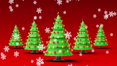 Animation-of-snow-falling-over-christmas-trees-on-red-background
