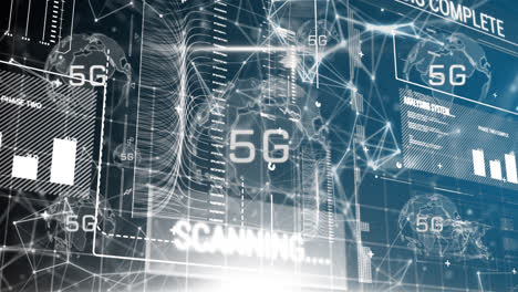 Animation-of-5g-over-globe,-connections,-data-and-digital-screen