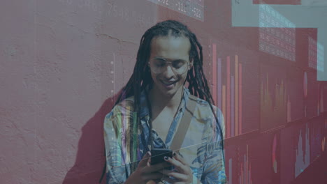 Animation-of-statistical-data-processing-against-biracial-man-using-smartphone-on-the-street