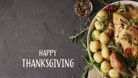 Animation-of-happy-thanksgiving-text-and-dinner-on-grey-background