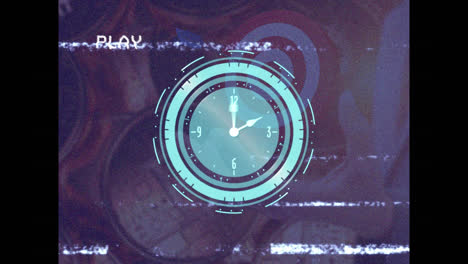 Animation-of-vhs-glitch-effect-over-neon-ticking-clock-against-black-background