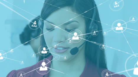 Animation-of-network-of-profile-icons-against-biracial-woman-talking-on-phone-headset-at-office
