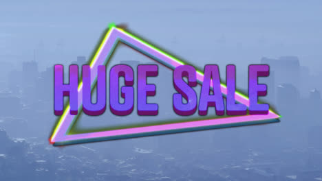 Animation-of-huge-sale-text-with-neon-triangles-over-cityscape
