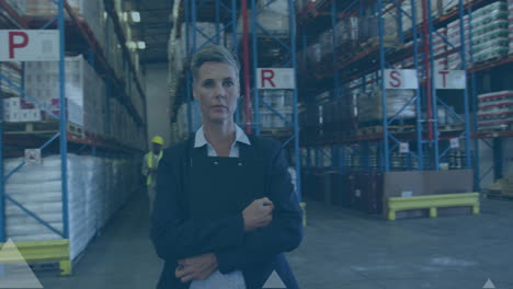 Animation-of-arrow-icons-moving-upwards-against-portrait-of-caucasian-female-supervisor-at-warehouse