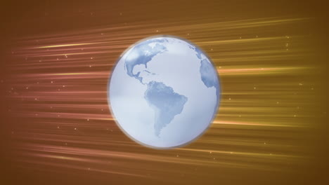 Animation-of-spinning-globe-against-glowing-particles-and-light-trails-against-brown-background