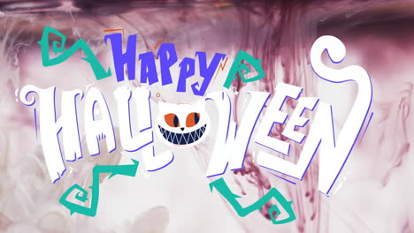 Animation-of-happy-halloween-text-and-cat-over-white-background