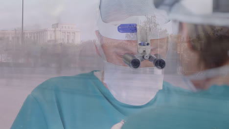 Animation-of-timelapse-with-walking-people-over-caucasian-male-surgeon-during-operation