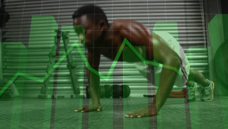 Animation-of-statistical-data-processing-over-african-american-fit-man-performing-push-ups-at-gym