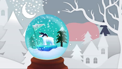 Animation-of-snow-globe-christmas-decorations-over-winter-landscape
