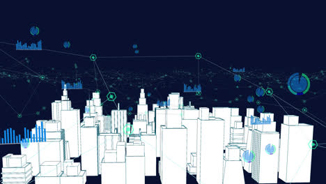 Animation-of-white-3d-model-of-city-over-dots-connected-with-lines-against-abstract-background