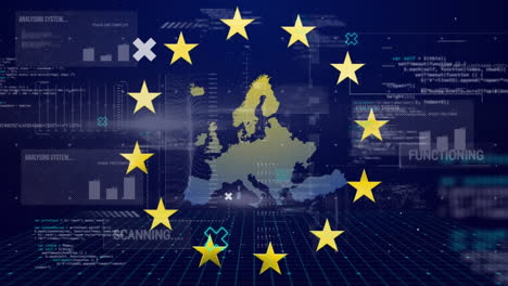 Animation-Von-Sich-Drehenden-Sternen-Auf-Der-EU-Karte-Vor-Der-Schnittstelle-Zur-Datenverarbeitung-Auf-Blauem-Hintergrund
