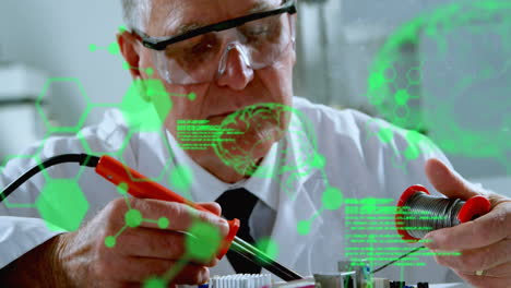 Animation-of-data-processing-over-caucasian-male-scientist-working-on-a-circuit-board-at-laboratory